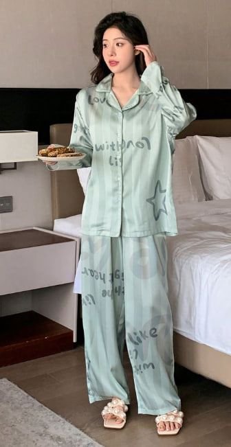 Ladies' Satin Long Sleeve And Pants Pajama Set With Letter And Stripe Print
