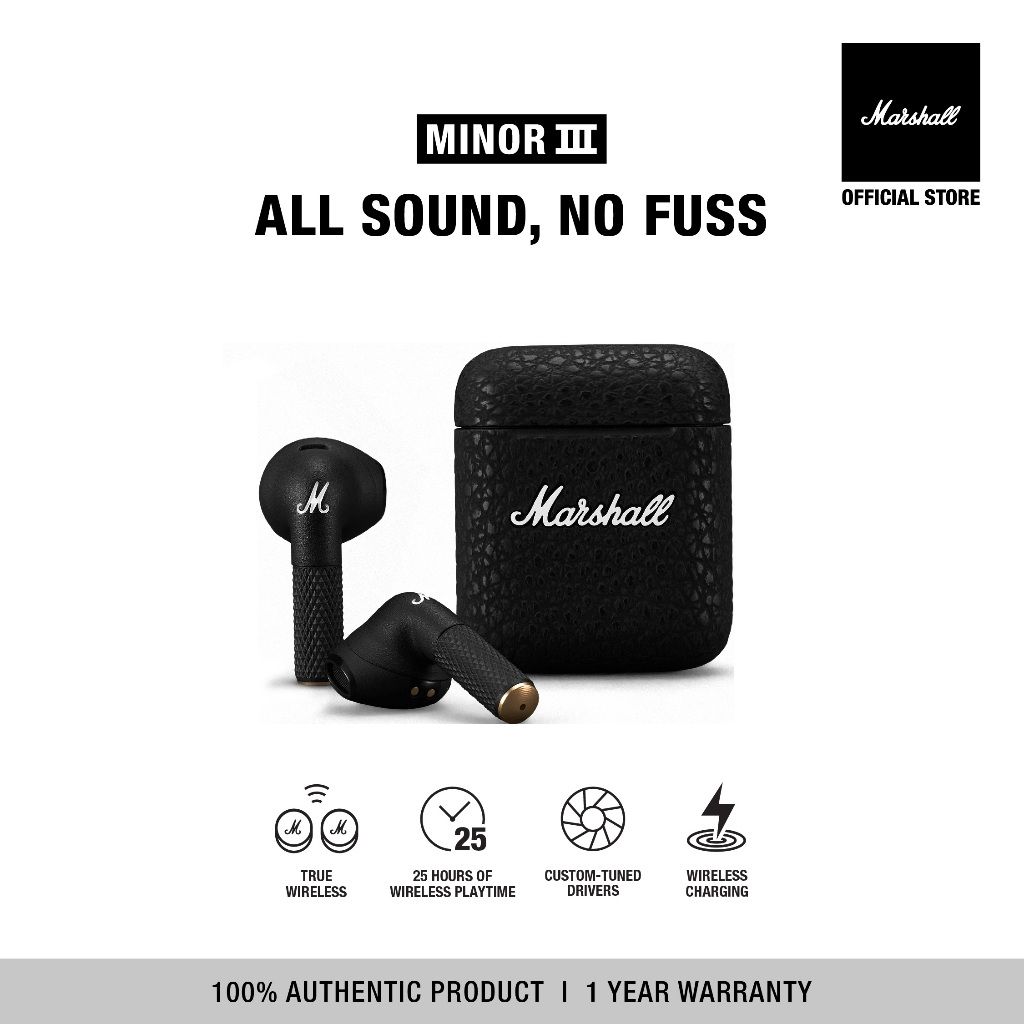 MARSHALL Minor III Black - 1 Year Warranty + Free Shipping - Bluetooth Headphones, True Wireless TWS Headphones, Bluetooth Headphones